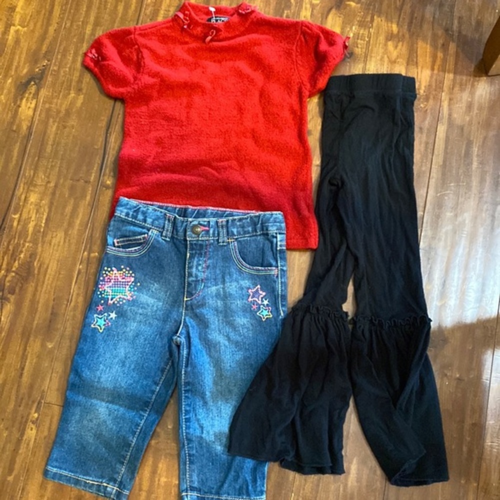 Lot of 4T TCP red stretch bow shirt Star jeans, ruffle bottom‎ black pants - Picture 1 of 9